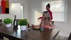 Young girl takes daddy’s load in open mouth